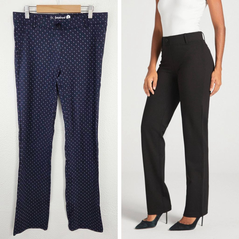 Betabrand Classic DPYP Dress Pant Yoga Pant Straight leg navy blue geometric med